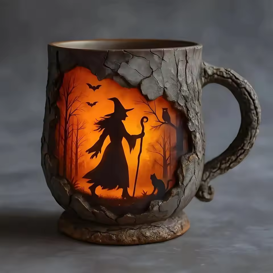 Artisan 3D Halloween Mug โ Featuring Witch and Cat Design