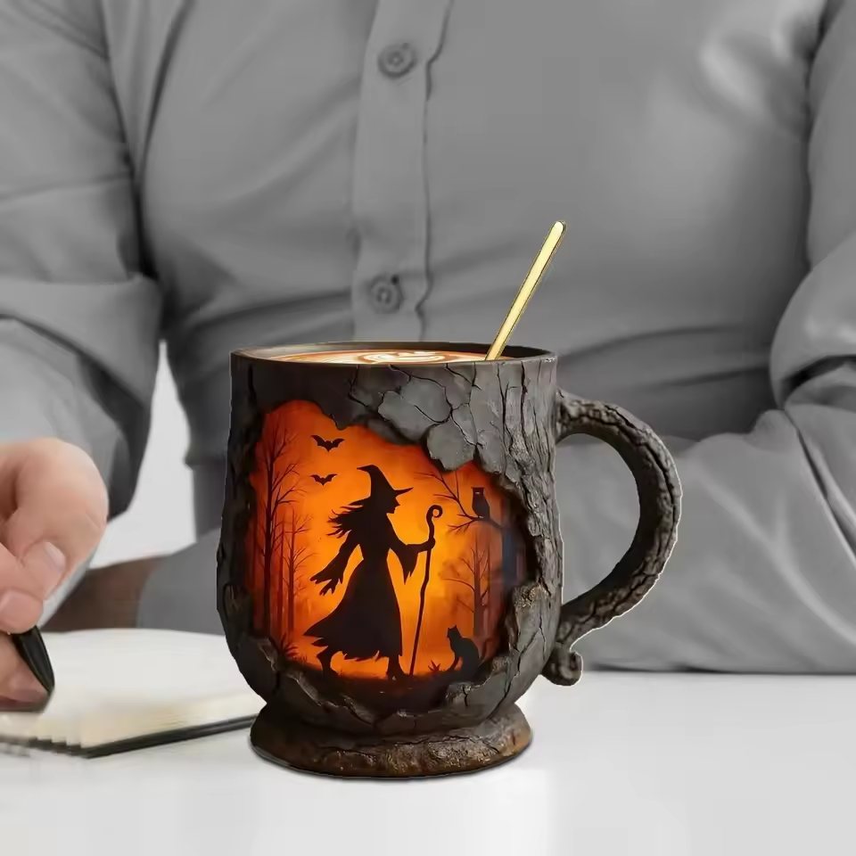 Artisan 3D Halloween Mug โ Featuring Witch and Cat Design